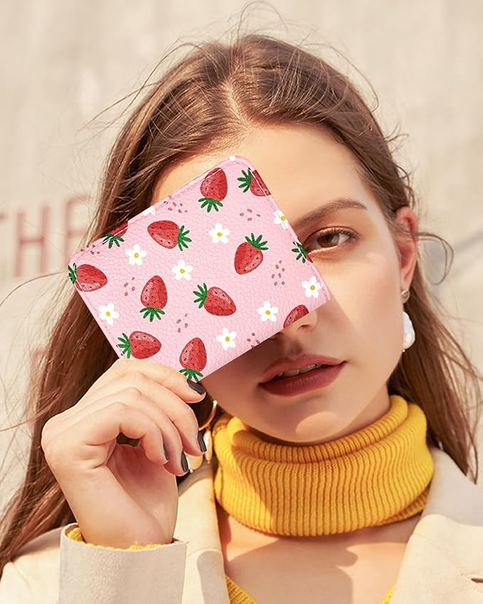 Bistup Credit Card Holder Wallet for Women Cute Leather Ladies Teen Girls Female Cardholder Wallets Accordion Purse Small Medium Aesthetic Print Strawberry Modern Design Rfid Zipper Around