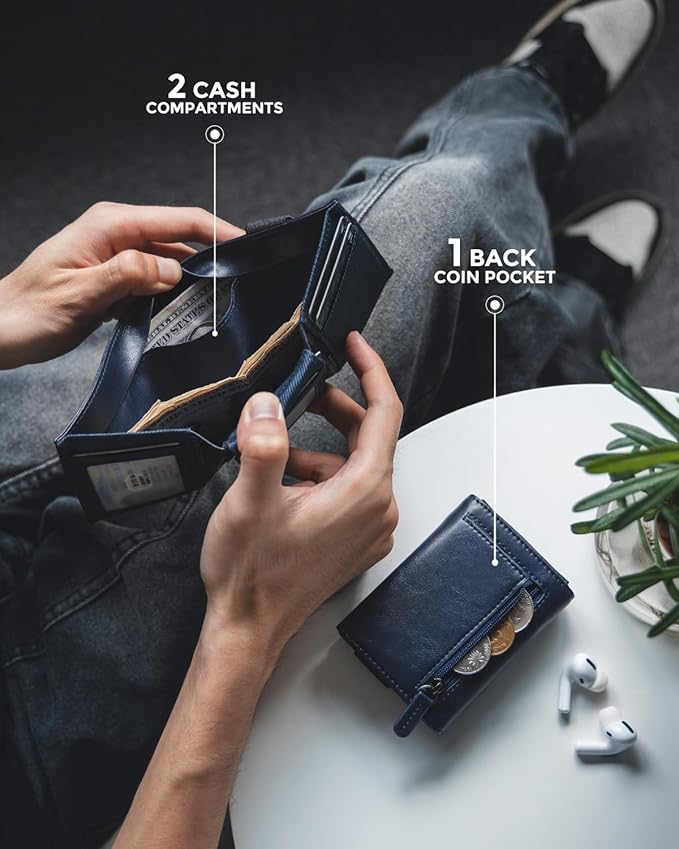 VULKIT Minimalist Leather Rfid Blocking Trifold Wallet with Elastic Band Credit Card Holder with 4 ID windows & Zipper Pocket for Men (Blue)