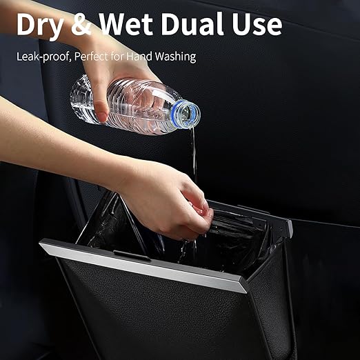 Leather Car Trash Can with Smart LED Light & Magnetic Closure, Hanging Car Trash Bag, Small Car Trash Can, Leak-Proof, Odor-Lock Car Trash Bin for Any Cars, Sedans, SUVs, Trucks, Black