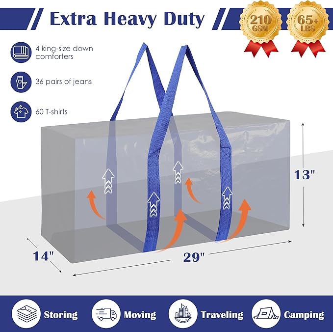 6 Pack Moving Bags with Full-Open Side Zipper, Extra Large 93L Heavy Duty Waterproof Foldable Storage Totes for College Dorm, Moving & Home Organization,Blue