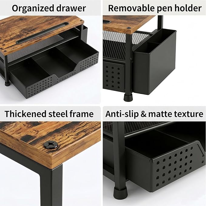 Desk Organizer and Accessories, 2-Tier Computer Monitor Stand Rise with Phone Holder, Drawer & 2 Pen Holders, Laptop & Printer Stand for Desktop, Workspace Organizers for Office Supplies (Brown Wood)