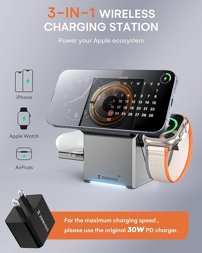 ZEEHOO 3 in 1 Charging Station for Apple, Mag-Safe for iPhone Charger, Qi2 Certified Rotating Wireless Charger Stand for iPhone 17,16,15,14,13,12 Series, Apple Watch, AirPods (USB-C Charger Included)