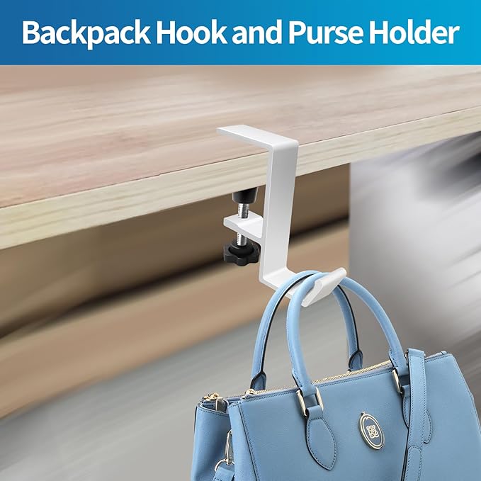 Desk Mount Bag Holder Hook Clamp,On Backpack Hanger Portable Desk Mount Headphones Holder for Reduce Desk Clutter Table Desk Table Hanging Storage (Single Hook White)