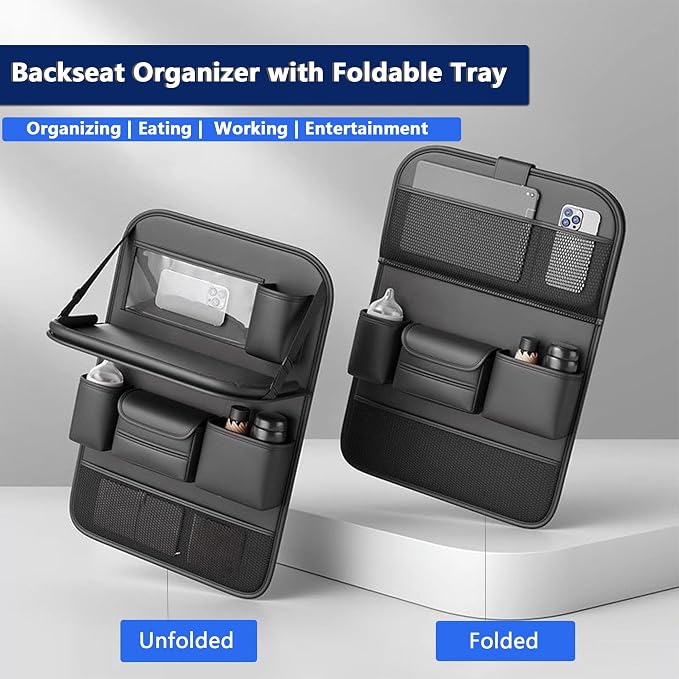 2-Pack Backseat Car Organizer with Tray – 21"x17" Premium PU Leather Kick Mats with Tray, Hanging Car Seat Back Protector & Storage for Tablet, Snacks, Diapers – Universal Fit for SUV, Truck (Black)