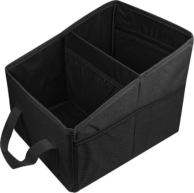 Hovom Car Organizer, Automotive Passenger Seat Organizer, Car Caddy with Multiple Compartments & Pockets, Collapsible Small Vehicle Storage Organizers for Front and Back Seat, Trunk, Floor (Black)