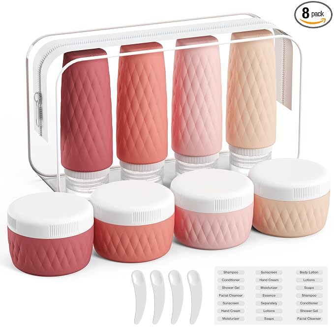 kuangre 8 Pack Travel Bottles for Toiletries - 3 OZ / 90 ML, | Leak Proof Silicone Containers with Clear Bag, Travel Size Toiletries for Lotions, Creams, Foundation, Shampoo, body wash and More |
