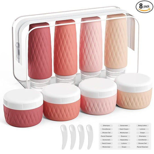 kuangre 8 Pack Travel Bottles for Toiletries - 3 OZ / 90 ML, | Leak Proof Silicone Containers with Clear Bag, Travel Size Toiletries for Lotions, Creams, Foundation, Shampoo, body wash and More |