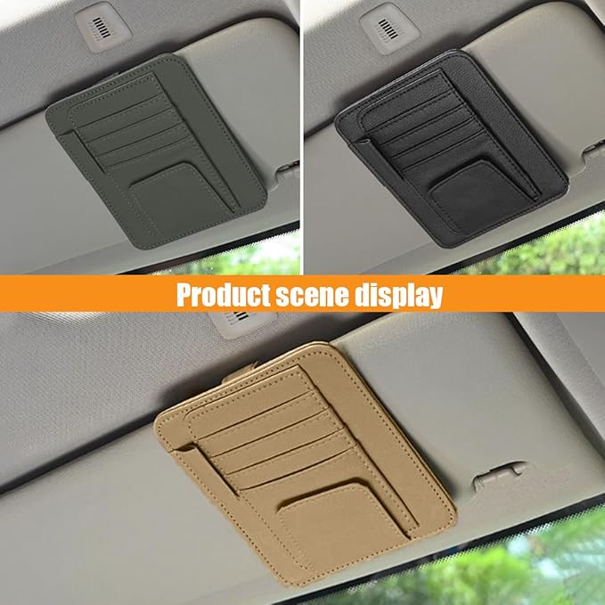 Leather Car Sun Visor Organizer Clip, Universal Car Truck Visor Document Holder with Sunglasses Clip, Auto Visor Pocket Storage for Bill Card Registration/Driving License Pen (Beige)