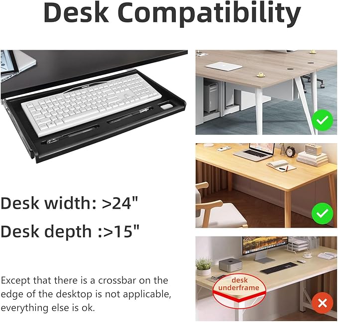 TOOCUST Under Desk Keyboard Tray, 20" Wx11"D Sturdy Key Board Tray Under Desk Slide with Pen Tray, Desk Extender with Pen Holder,Black