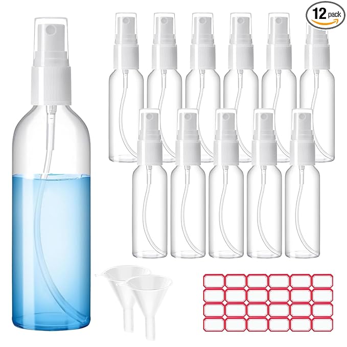 Zoizocp Spray Bottles, 1oz/30ml Clear Empty Fine Mist Plastic Mini Travel Bottle Set, Small Refillable Liquid Containers with 2pcs Funnels and 24pcs Labels (12 Pack)