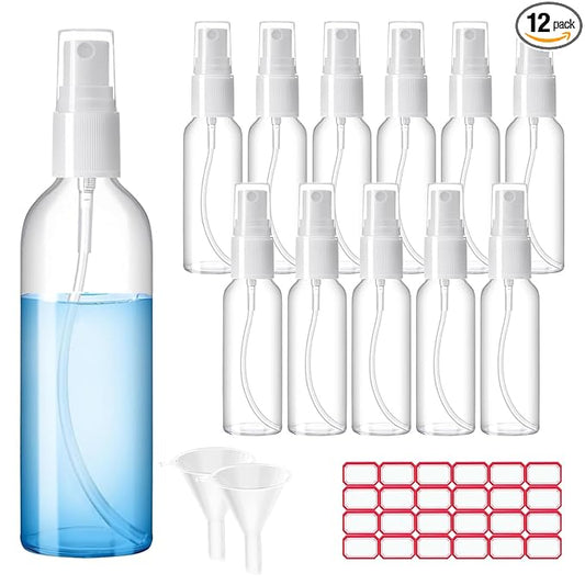 Zoizocp Spray Bottles, 1oz/30ml Clear Empty Fine Mist Plastic Mini Travel Bottle Set, Small Refillable Liquid Containers with 2pcs Funnels and 24pcs Labels (12 Pack)