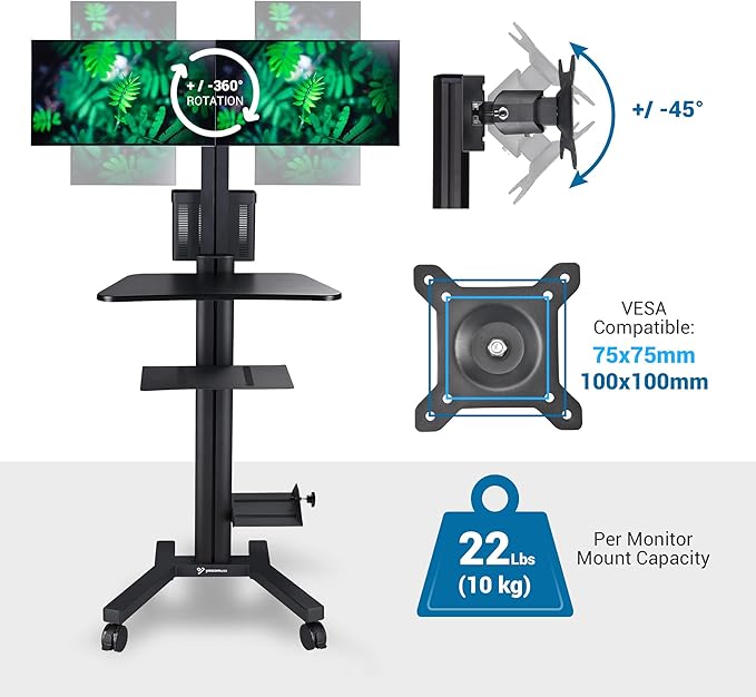 AW 32" Mobile PC Stand Workstation, Height Adjustable Dual Monitor Mount, Rolling Computer Cart on Wheels, Black