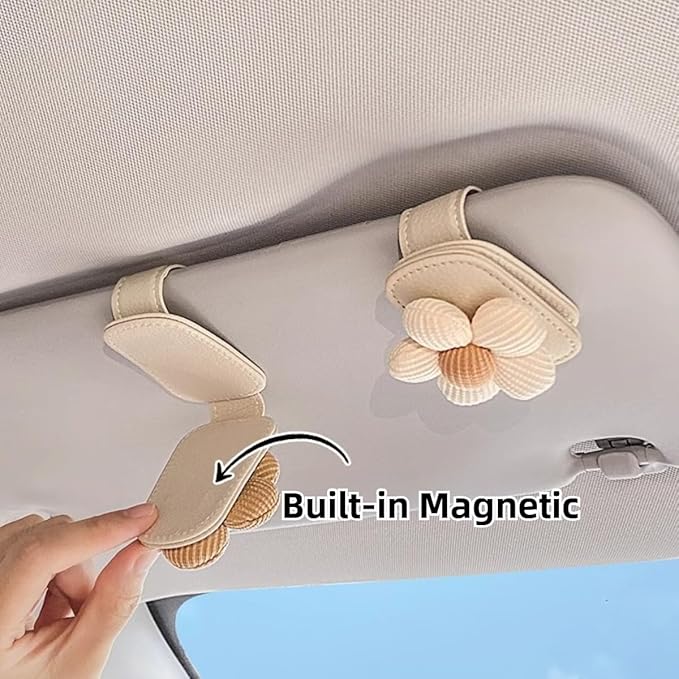 2pcs Car Sunglass Clip Flowers Magnetic Leather Sunglasses Holders for Car Interior Visor and Different Size Eyeglasses (Brown（2pcs）)