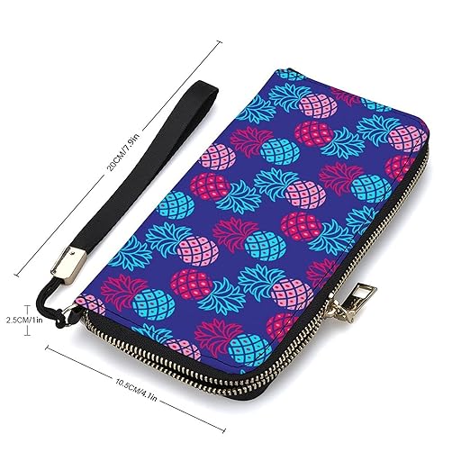Unisex Zip Around Wallet for Adults Teens Bright Blue And Pink Pineapple Coin Pouch Cash Pocket PU Leather Wallets Card Holder Organizer Designer Purse with Wristlet Strap