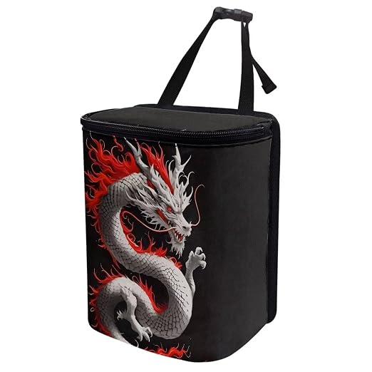 Biyejit Dragon Print Car Trash Can with Lid and Removable Leakproof Liner - Universal Fit Behind Center Console in Back Seat - Holds 2 Gallons of Car Garbage