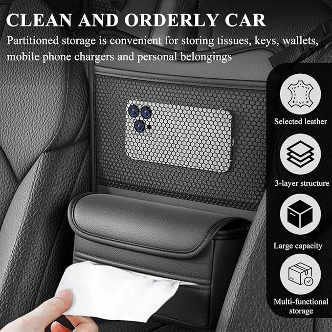 DXNQ Car Organizer Storage Between Seats, Leather Large Capacity Automobile Handbag Hanging Store Content Bag, Auto Console Organizer Holder for Snack Phone Document Storages, Car Accessories (Black)