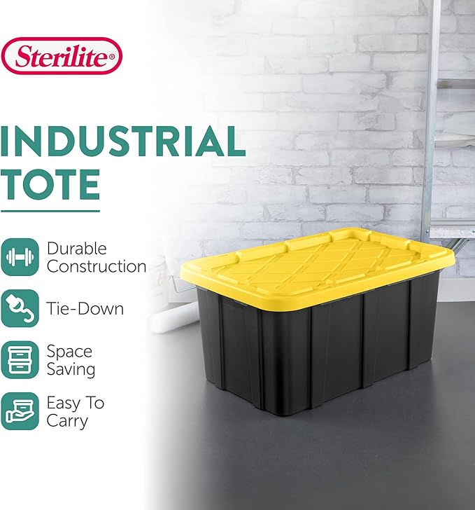 Sterilite 6-Pack Industrial Tote, Plastic Storage Container Bins with Lids, 17 Gallon - Heavy-Duty Organizing Containers for Closet, Bathroom & Office, Stackable Transport Boxes with Secure Handles