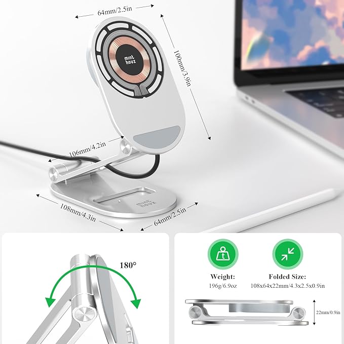 Magnetic Wireless Charger, Minthouz Foldable Mag Safe Charging Stand, Adjustable Wireless Charging Station with 20W Wall Adapter, for iPhone 16 15 14 13 12 Pro/Max/Plus, AirPods 3/Pro 2/Pro