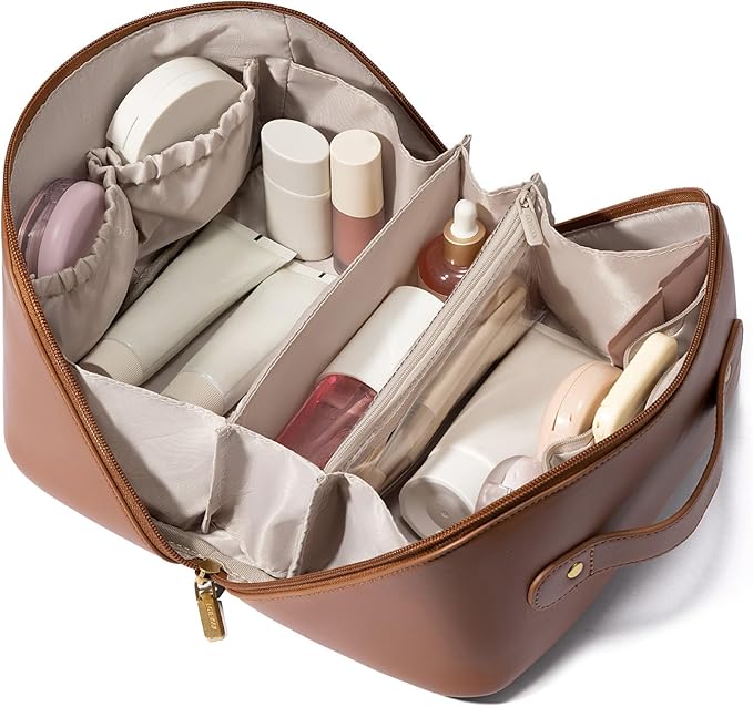 LOVEVOOK Travel Makeup Bag for Women, 2Pcs Large Capacity Cosmetic Organizer Bag, Waterproof PU Leather, Flat Open Portable Small Toiletry Pouch for Skincare, Brushes & Travel Essentials