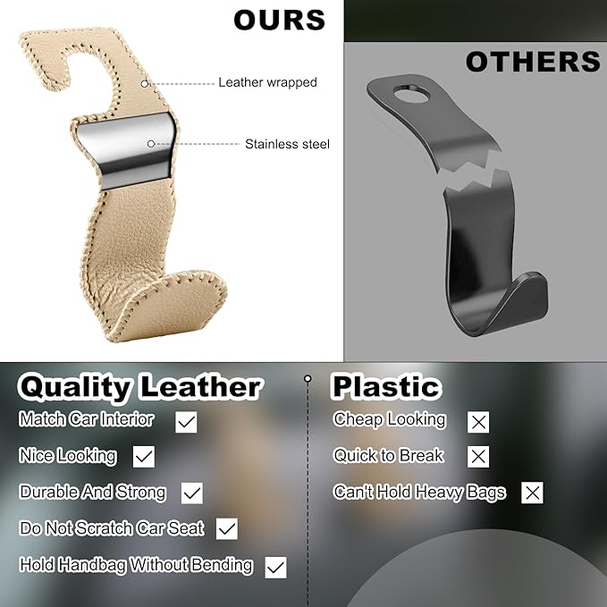 EldHus Car Seat Hooks for Purses and Bags, 4 Pack Car Purse Holder for Grocery Bag Handbag Clothes, Metal Headrest Hooks Covered by Leather, Beige