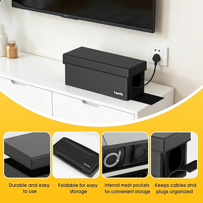 Tamfile Cable Management Box, Fireproof Foldable Cord Organizer and Cover, Heat Resistant Large Power Strip Organizer for TV Wires, Computer and USB Hub with Cable Clips & Reusable Cable Ties (Black)