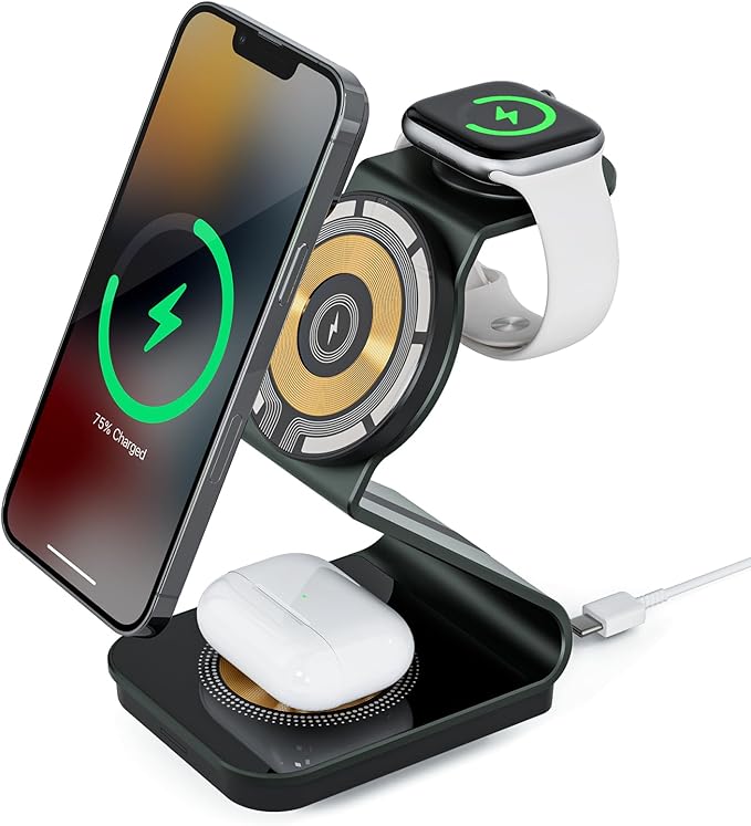 Wireless Cell Phone Charger Station 3 in 1, Magnetic Wireless Fast Phone Charger Dock Stand for iPhone 16/15/14/13/12/Apple Watch/AirPods Pro, 15W USB-C iPhone Wireless Charger, Black