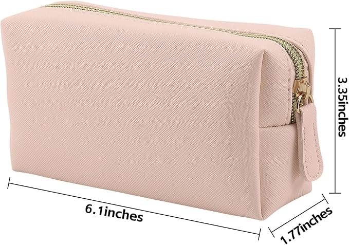 Leather Makeup Bag for Purse Travel, Portable Small Cosmetic Organizer for Women and Girls, Make up Bag with Zipper