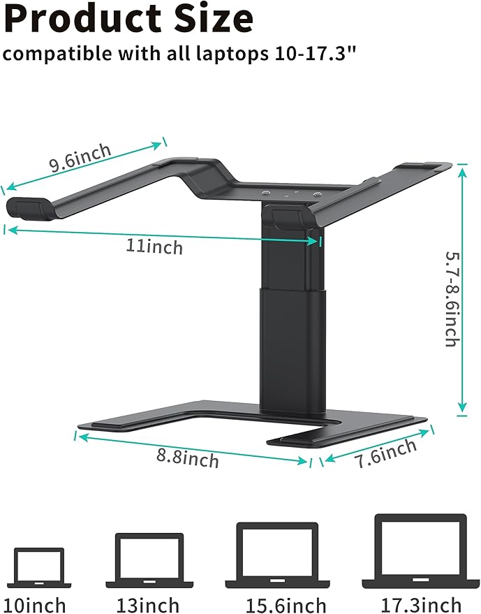 ALASHI Laptop Stand for Desk, Computer Stand Adjustable Height, Ergonomic Notebook Laptop Riser, Aluminum Metal Holder Compatible with 10 to 17.3 Inches Notebook PC Computer, Black