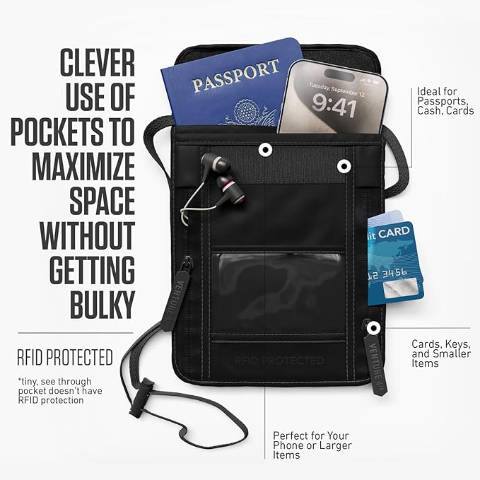 VENTURE 4TH Neck Wallet for Women & Men – RFID Blocking Passport Holder for Travel, Hidden Neck Pouch with 6 Compartments, Slim Lightweight Travel Organizer with Adjustable Strap (Sleek Black)