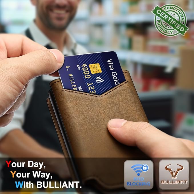 BULLIANT Men Wallet Leather Wallet Card Holders Money Clip for Men 10Cards-Magnetic Flip on Metal Case