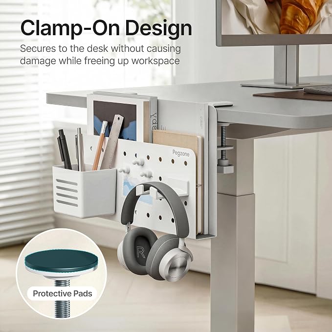 Under Desk Storage Organizer, Laptop Holder Stand with Pegboard Design, Holds 22lbs, Clamp on Desk Organizer, Fits 0.4"-2.2" Desktop Edge, White