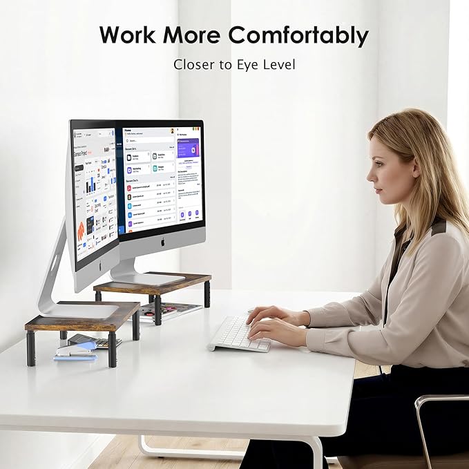 OPNICE Adjustable Monitor Stand Riser for Desk, Computer & Laptop Stand, Desk Organizers and Accessories, Office Desk Accessories & Workspace Organizer for Home Office, Brown Wood 2-Pack