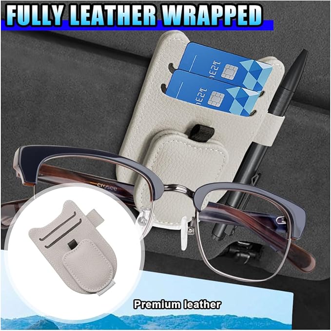 2PCS Sunglass Holder for Car Sun Visor, Magnetic Leather Vehicle Glasses Eyeglass Mount & Ticket Card Clip, Automotive Interior Visor Accessories, Universal for Sedan SUV Truck (Beige)