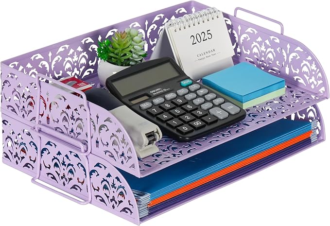 EasyPAG Paper Organizer for Desk 2 Tier Stackable Paper Tray for A4 Legal Size Folders Metal File Storage Desktop Organizer for Home Office School Teacher, Purple