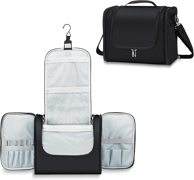 Buruis Extra Large Toiletry Bag for Women and Men, Hanging Travel Bag with Detachable Shoulder Strap for Full-Sized Toiletries, Water-Resistant Dopp Kit for Family Use and Long Trips, Black