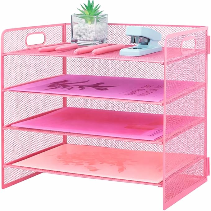 5 Tier Lettrer Tray Organizer with Handle, Metal Mesh Desk File Organizer with Sliding Trays, Paper Sorter Desk for Home Office School, Pink
