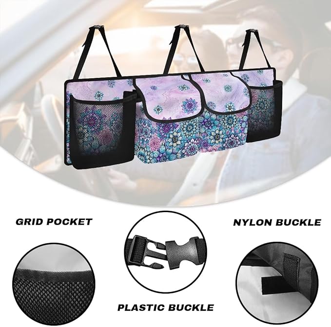 Bohemian Flower Design Car Trunk Organizer,Beach Design Backseat Trunk Organizer with 4 Pocekt,Backseat Hanging Car Storage Bag Foldable Cargo Storage Not Easy to Fade Machine Washable