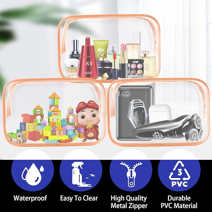 YedsIntu 16 Pieces Clear Cosmetic Bags, Large Transparent Makeup Bags, TSA Approved Toiletry Bag for Travel, PVC Waterproof Clear Pouch with Zipper Make Up Bag for Women and Men Traveling (Orange L)