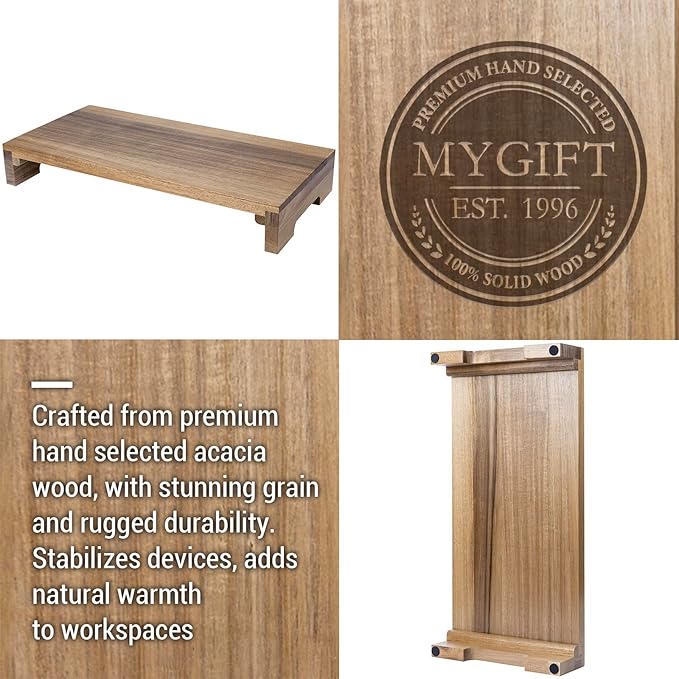 MyGift Premium Acacia Solid Wood Desk Monitor Stand, Laptop Riser & Keyboard Storage ??Wooden Desktop Organizer for Screen Display and Workspace Organization