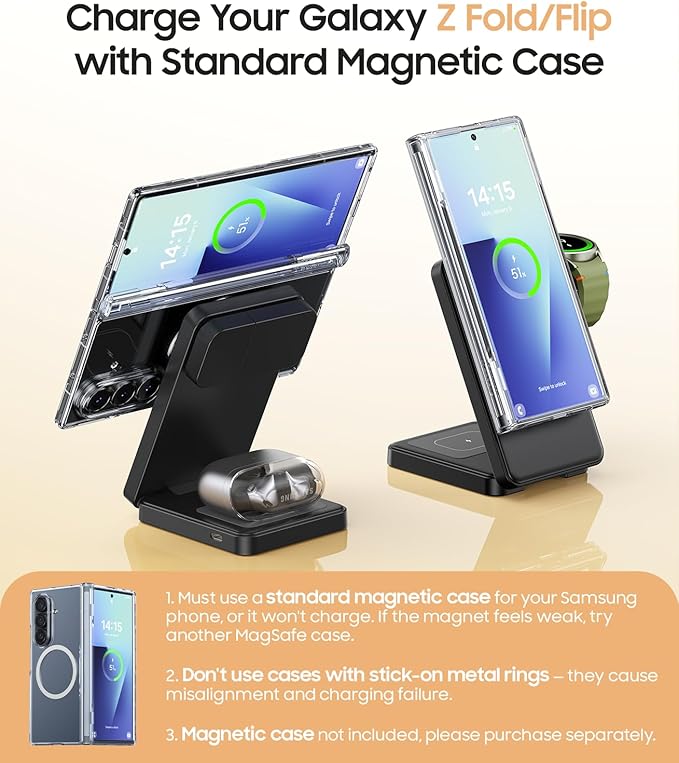 3 in 1 Magnetic Foldable Wireless Charger for Samsung, Fast Mag-Safe Charging Station for Galaxy S26 S25 S24 Ultra Plus/Z Fold/Z Flip 7/6/5, Charger Stand for Galaxy Watch Ultra /8/7/6/5/Pro, for Buds