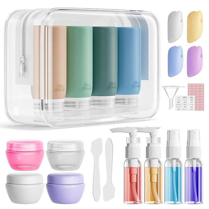 Muslish 21 Pack Travel Bottles for Toiletries, Leak-Proof TSA Compliant Silicone Travel Size Containers for Shampoo and Conditioner, BPA Free with Toiletry Bag (Green)