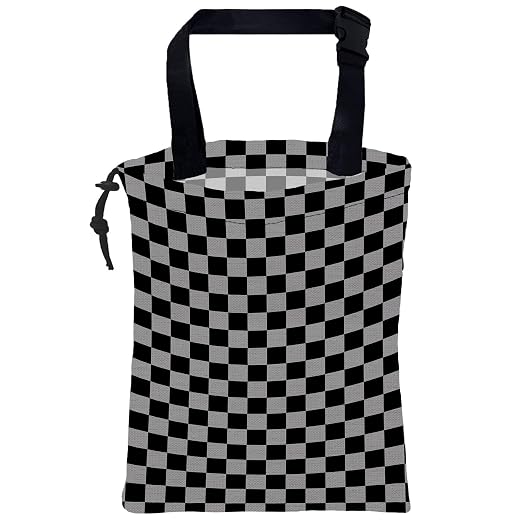 Car Trash Bag Black Gray Checkered Hanging Drawstring Car Organizer and Storage Bag with Adjustable Buckle Canvas Garbage Bin for Back Seat or Hanging Headrest Car Decor Road Trip Essentials