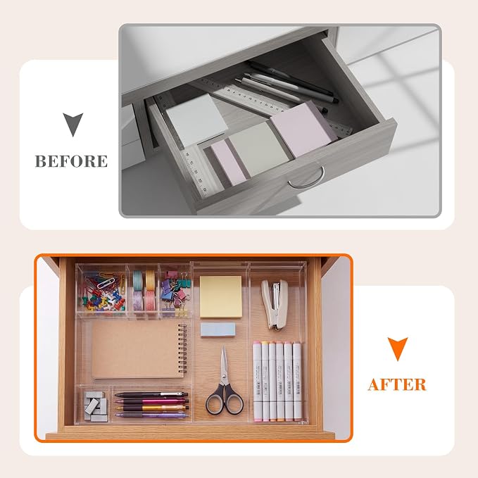 Briwooody Acrylic Drawer Organizer Clear Desk Drawer Organizer Trays with Adjustable Compartments Desk Accessories for Office Stationery Makeup Silverware Bathroom (Expandable Style 2)
