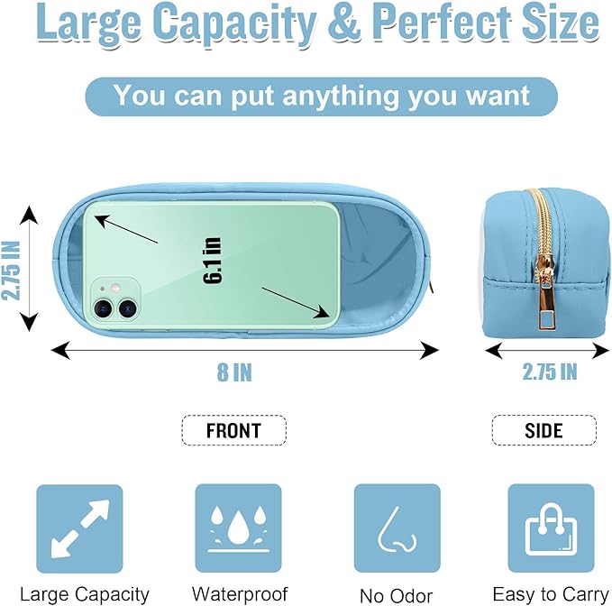 Small Clear Makeup Bag Slim Pencil Pouch, Cute Pencil Case Makeup Bag Preppy Cosmetic Zipper Pouch for Purse, Transparent PVC & Nylon Travel Toiletry Clutch Coin Pouch Makeup Brush Bag for Women(Blue)