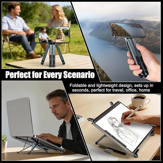 Laptop Stand for Desk, Foldable Aluminum Alloy Magnetic Computer Riser, Ergonomic 8-Level Adjustable Height Travel Laptop Holder,Multi-Functional Stand for 10–16"Laptop,4–13" Tablet and Phone