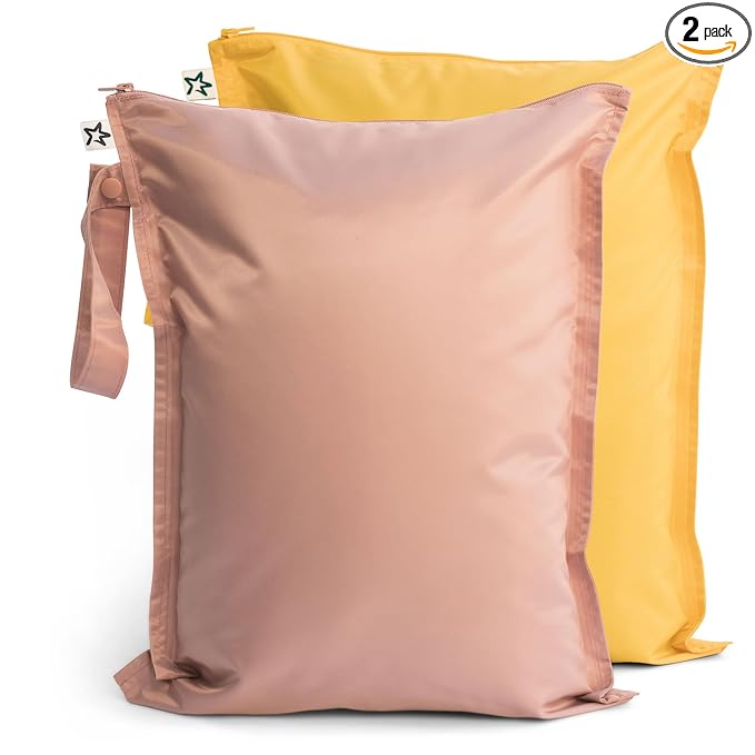 Tiny Twinkle Mess Proof Wet Bags | 2-Pack Reusable Waterproof Wet Bags for Swimsuits | Baby Clothes | Travel & Diaper Bag (Taupe, Dandelion)