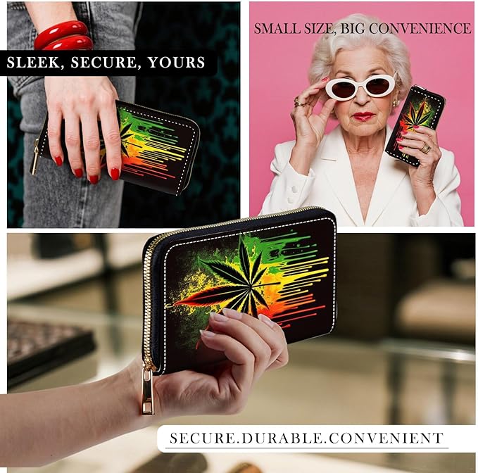 RFID-Blocking Zip Around Wallets for Women with Detachable Wrist Strap,Large Capacity Phone Holder with Card Organizer & Coin Pocket,Marijuana Leaf Weed