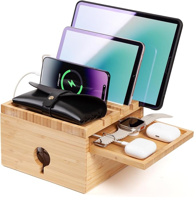 Bamboo Charging Station Organizer, No USB Charger and Cables | Nightstand Docking Station with Small Tray, Desktop Wood Charger Organizer, Compatible with Cell Phone, Tablet, Earphones