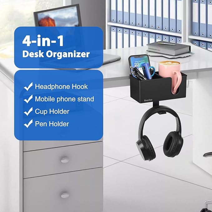 Rosyline 3-in-1 Desk Cup Holder & Clip-on Cup Holder, Clip on Desk Organizer – with Anti-Spill Function, Keeps Your Coffee, Headset, Phone & Pens Within Easy Reach, for Office Desk (Black)