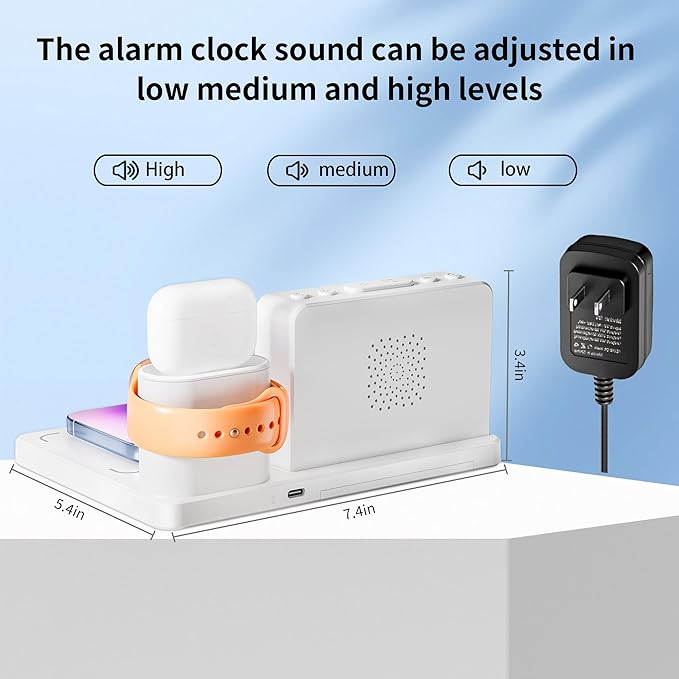 Wireless Fast Charging Station - 7 in 1 Alarm Clock with Wireless Charger Stand - Charging Dock for Apple,for Samsung Galaxy Multiple Devices - for iPhone Watch,for Airpods (White)